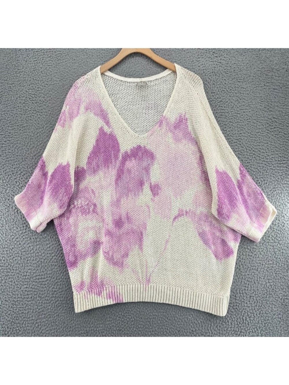 Chicos Sweater Women 4 US 2XL Pink Floral V Neck Cotton Linen Loose Knit Slouchy